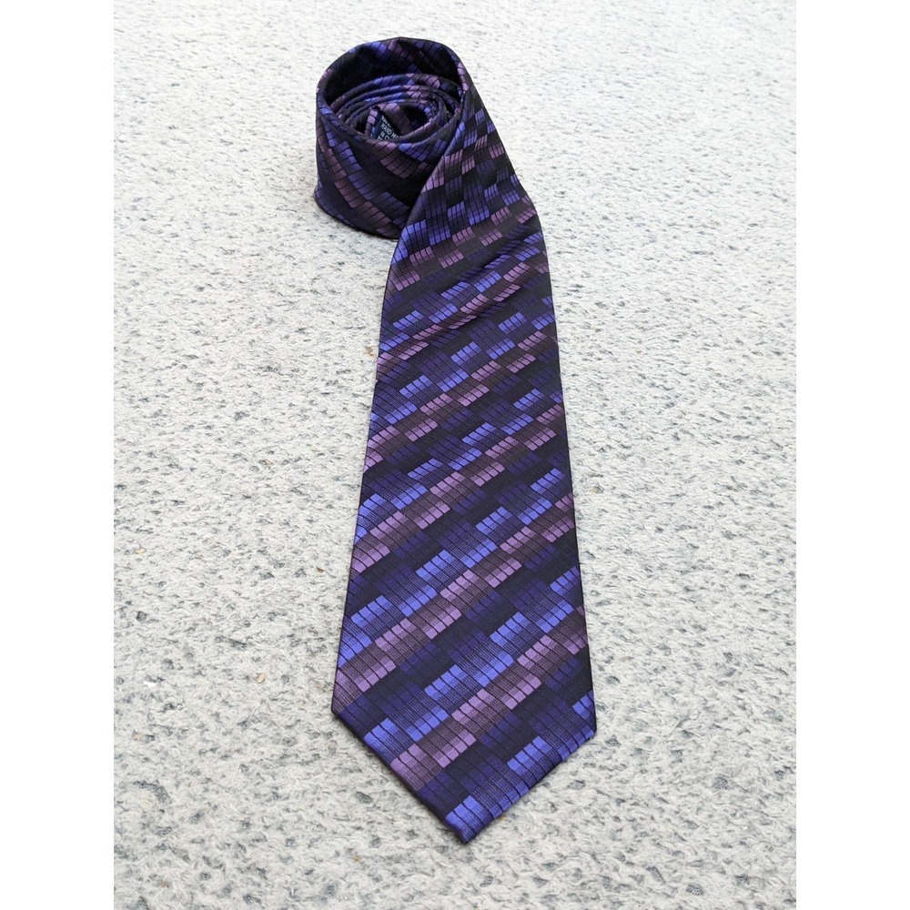 John Ashford Tie Blue & Purple Geometric Q-Bert Style Hand Made 59.5"x3.3" Retro